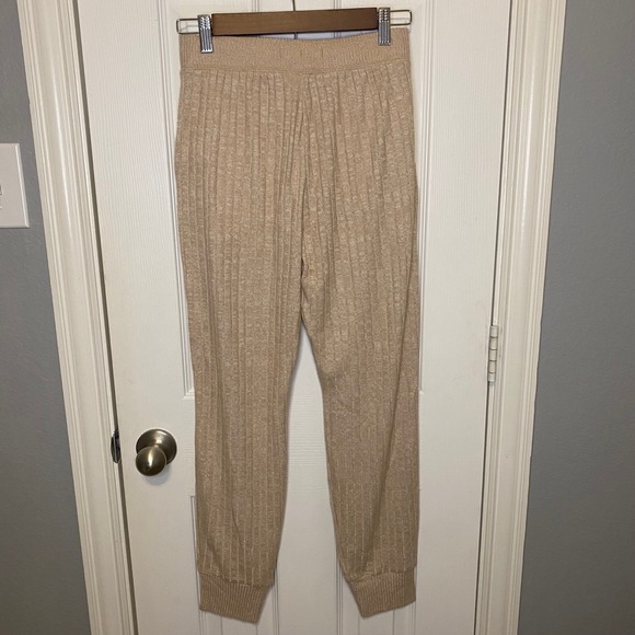 Abercrombie & Fitch Lounge Pants Small Ribbed Knit Joggers Tan Brown Satin Tie - Picture 2 of 4